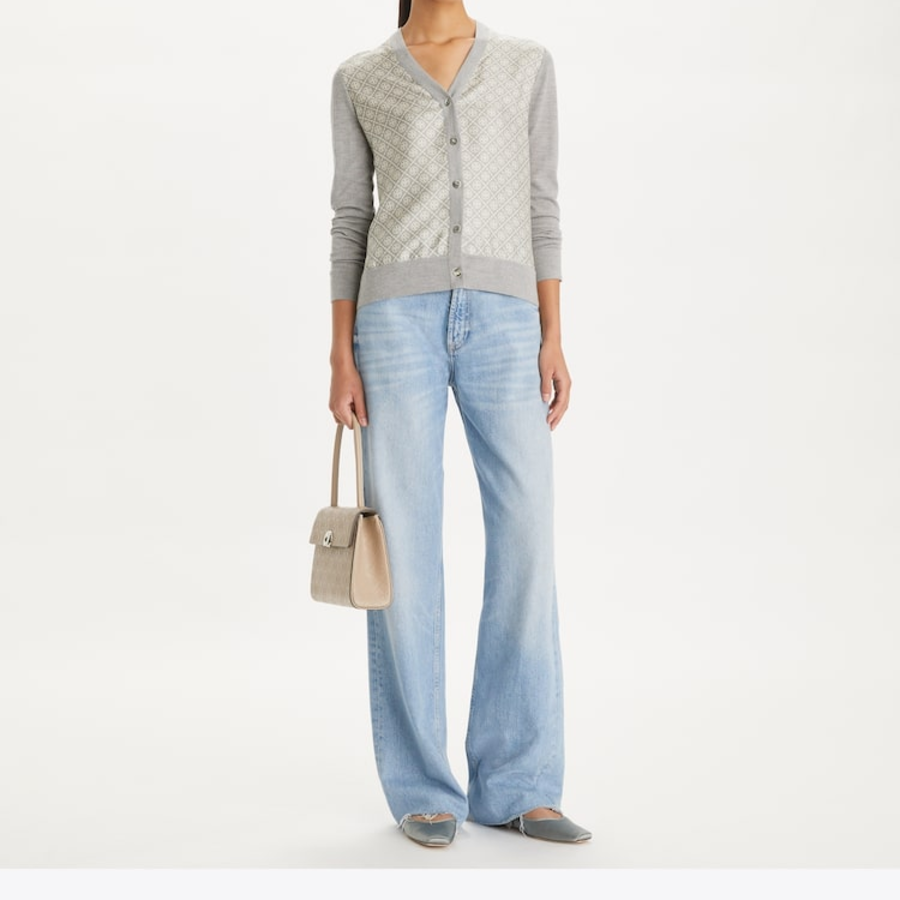 TORY BURCH Silk Front Cardigan – Gray