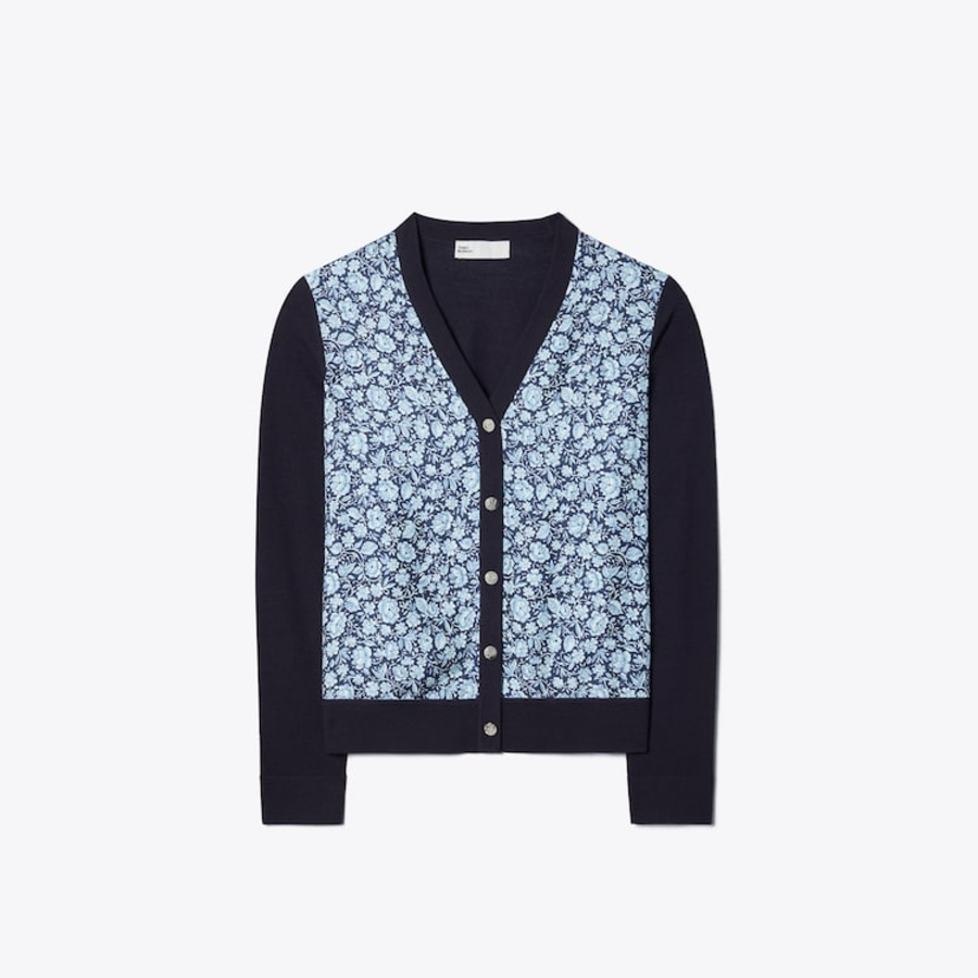 TORY BURCH Silk Front Cardigan – Navy
