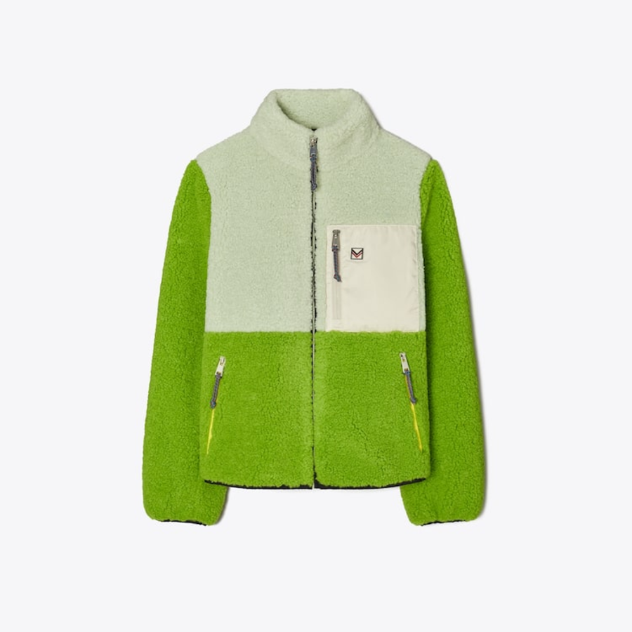TORY BURCH Colorblock Fleece Jacket – Lime