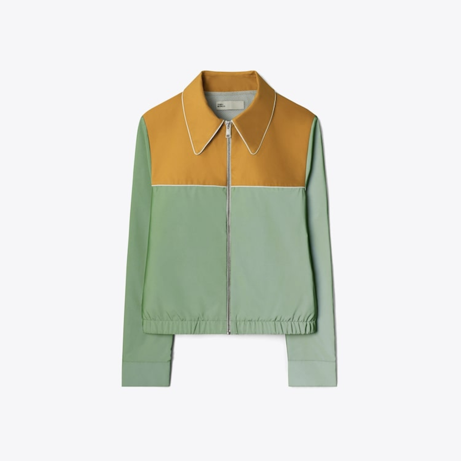 TORY BURCH Reflective Nylon Jacket – Sage / Camel