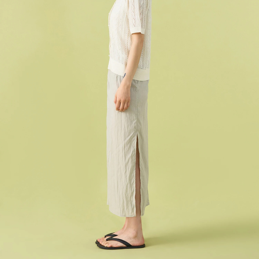 8 seconds Shirring Asymmetric Long Skirt - Light Green