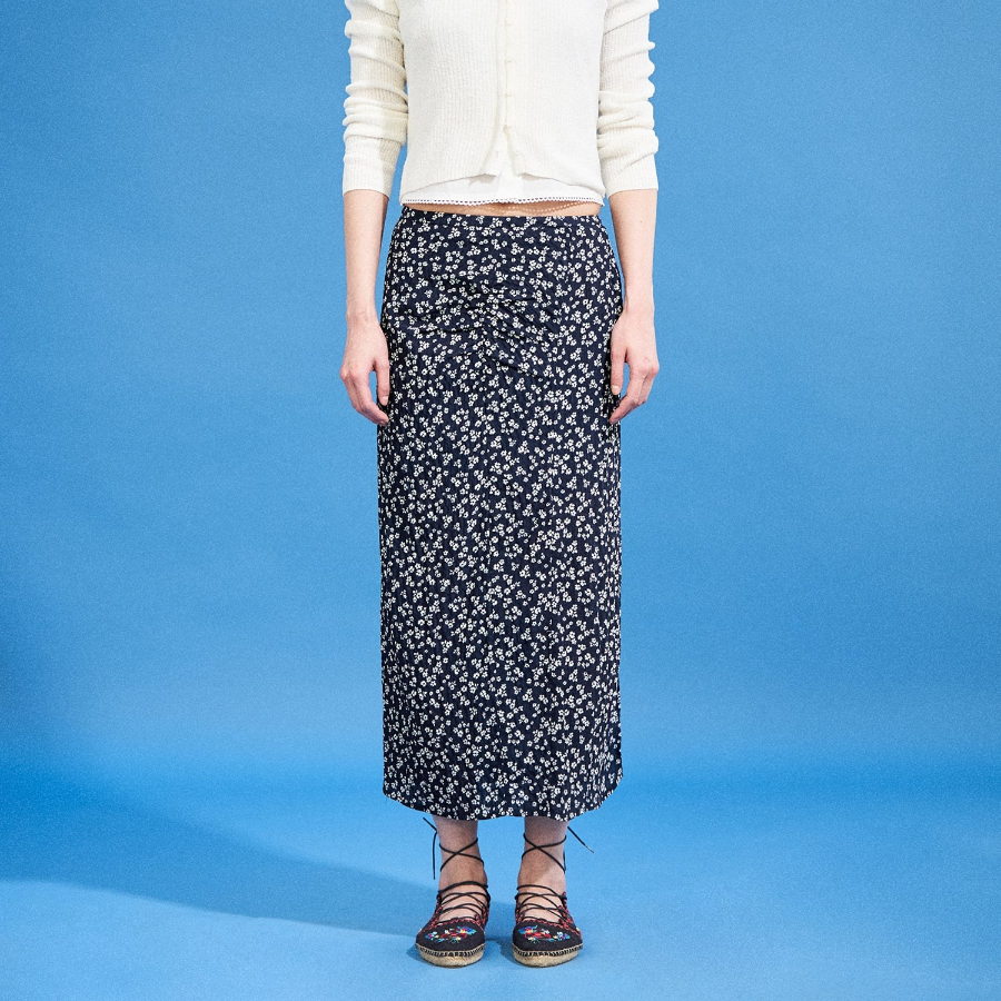 8 seconds Pattern Shirring Skirt - Navy