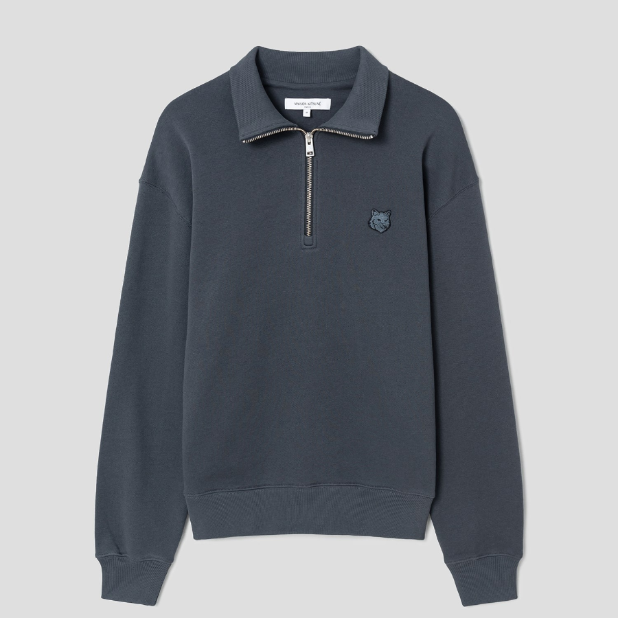 Maison Kitsune Men Bold Fox Head Patch Comfort Half Zipped Sweatshirt - Slate Grey