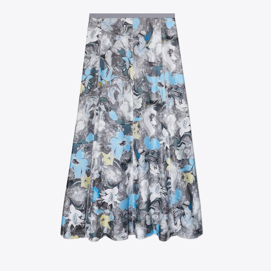 TORY BURCH Printed Silk Twill Skirt – Blue Abstract Floral