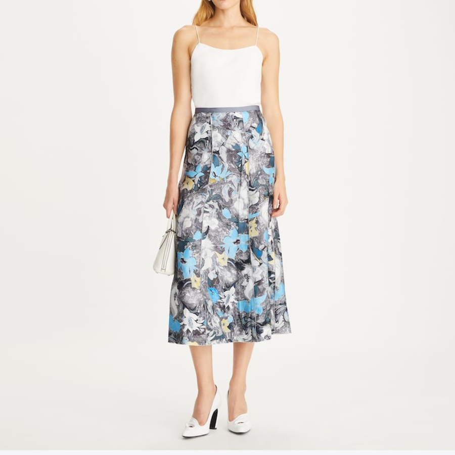 TORY BURCH Printed Silk Twill Skirt – Blue Abstract Floral