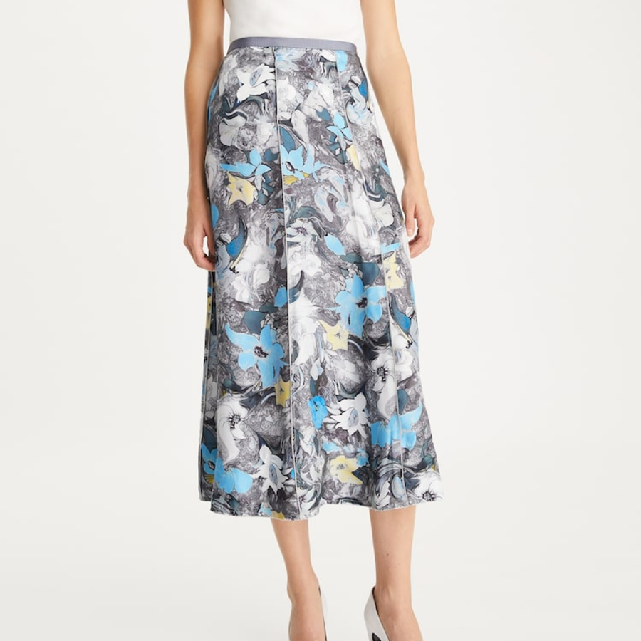 TORY BURCH Printed Silk Twill Skirt – Blue Abstract Floral