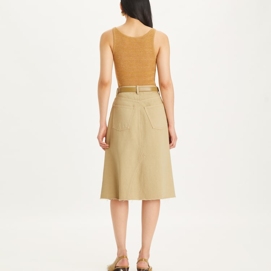 TORY BURCH Deconstructed Denim Midi Skirt – Khaki