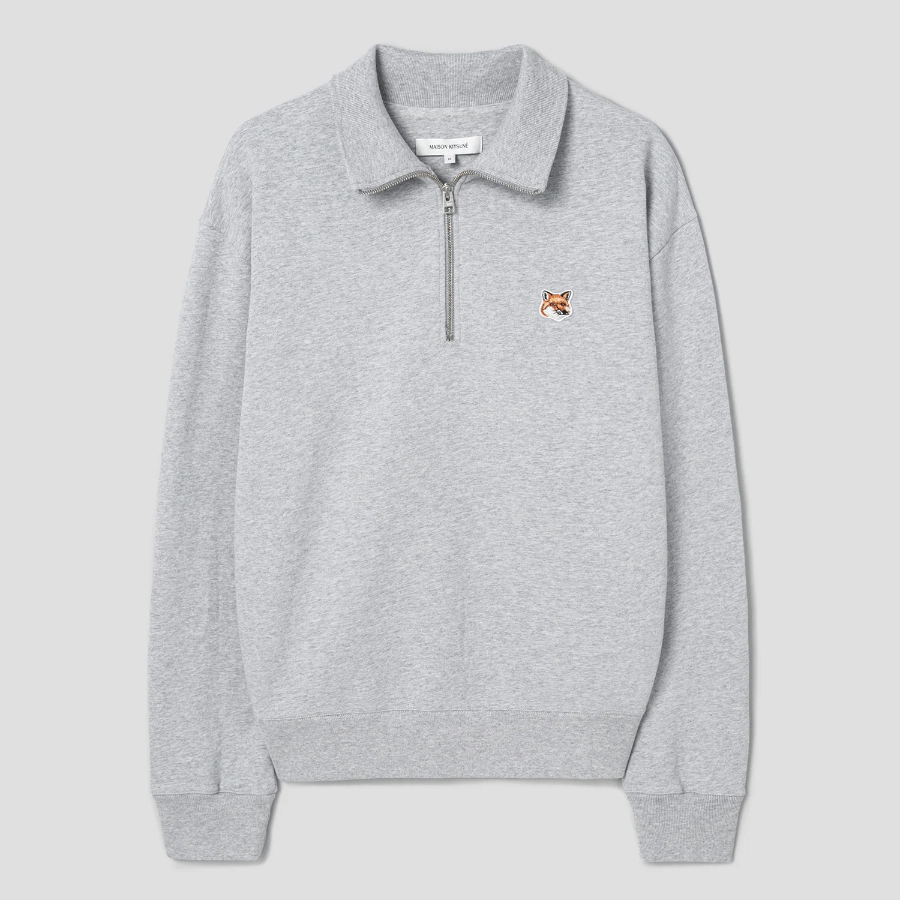 Maison Kitsune Men Fox Head Patch Comfort Half Zip Sweatshirt - Light Grey Melange