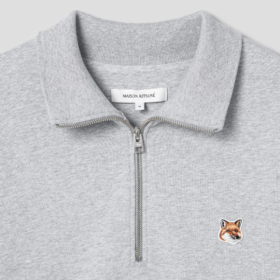 Maison Kitsune Men Fox Head Patch Comfort Half Zip Sweatshirt - Light Grey Melange