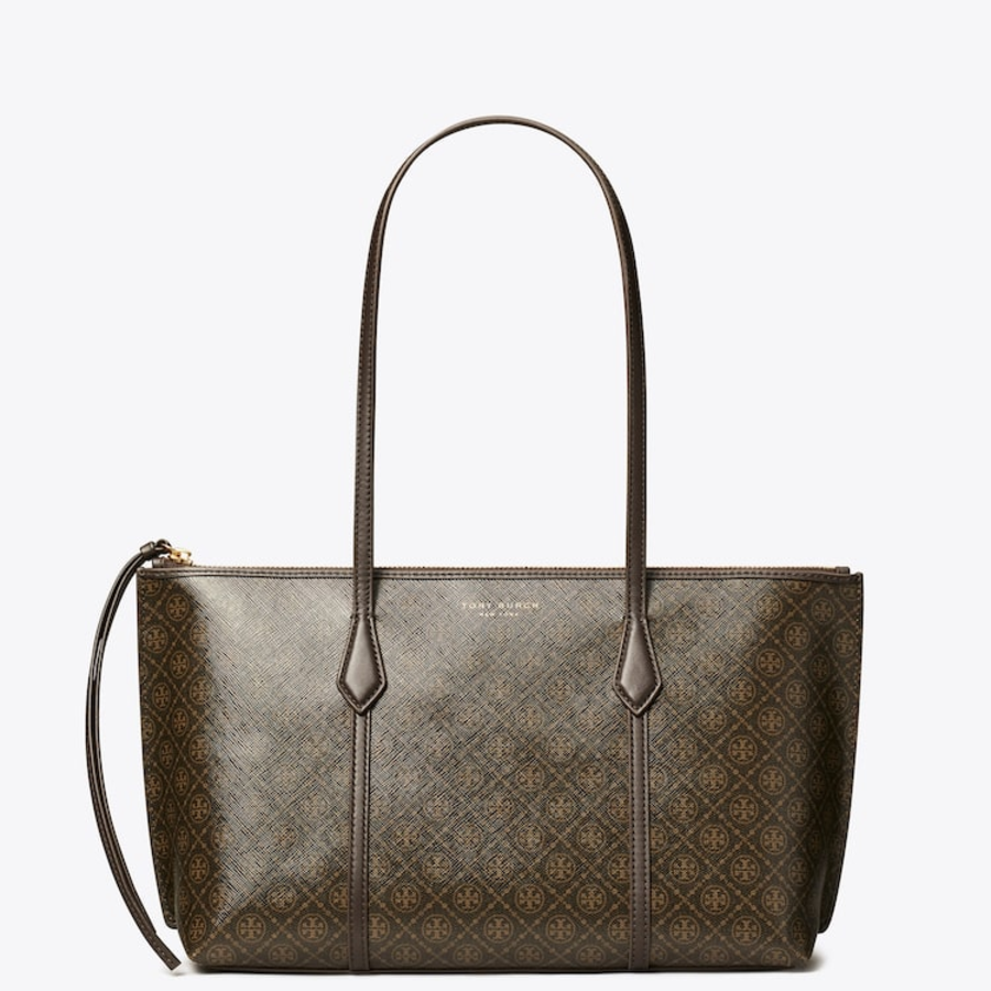 TORY BURCH Perry Coated Canvas Small Zip Tote – Brown