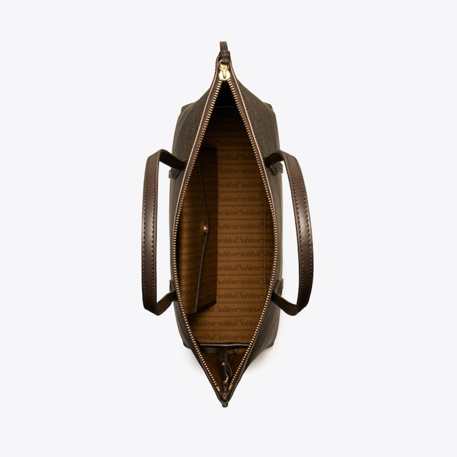 TORY BURCH Perry Coated Canvas Small Zip Tote – Brown