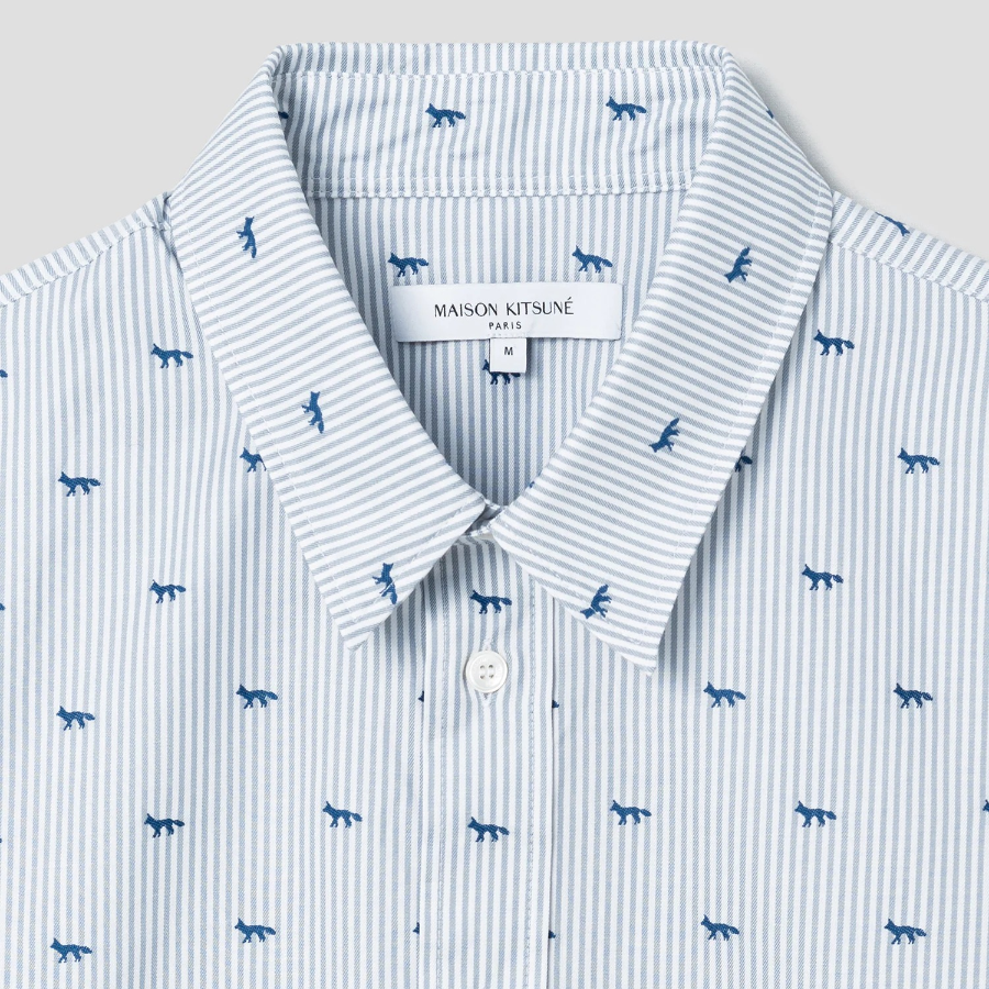 Maison Kitsune Men Profile Fox Casual Striped Shirt - Zinc Grey Stripe
