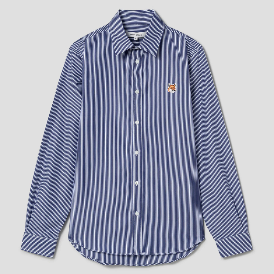 Maison Kitsune Men Classic Stripes Shirt With Natural Fox Head - Navy Stripes