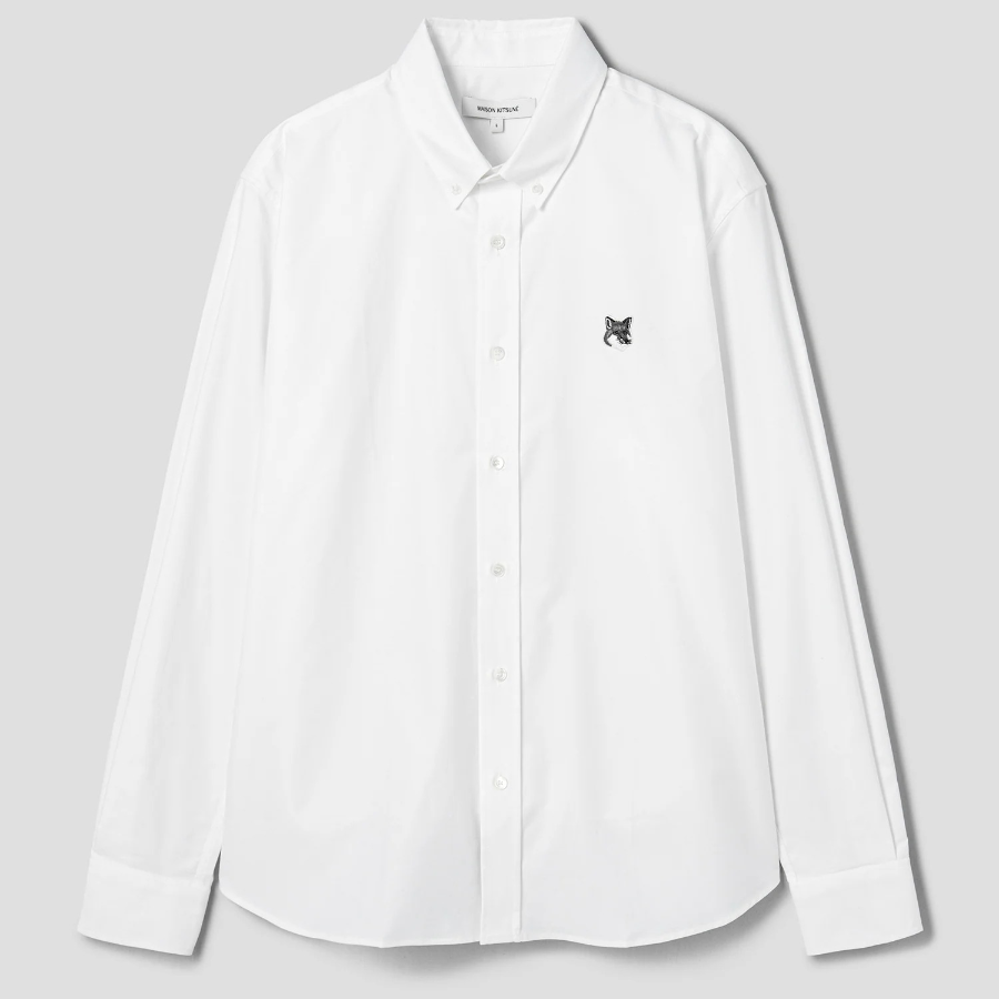 Maison Kitsune Men Button Down Casual Shirt With Grey Fox Head Patch In Oxford - White