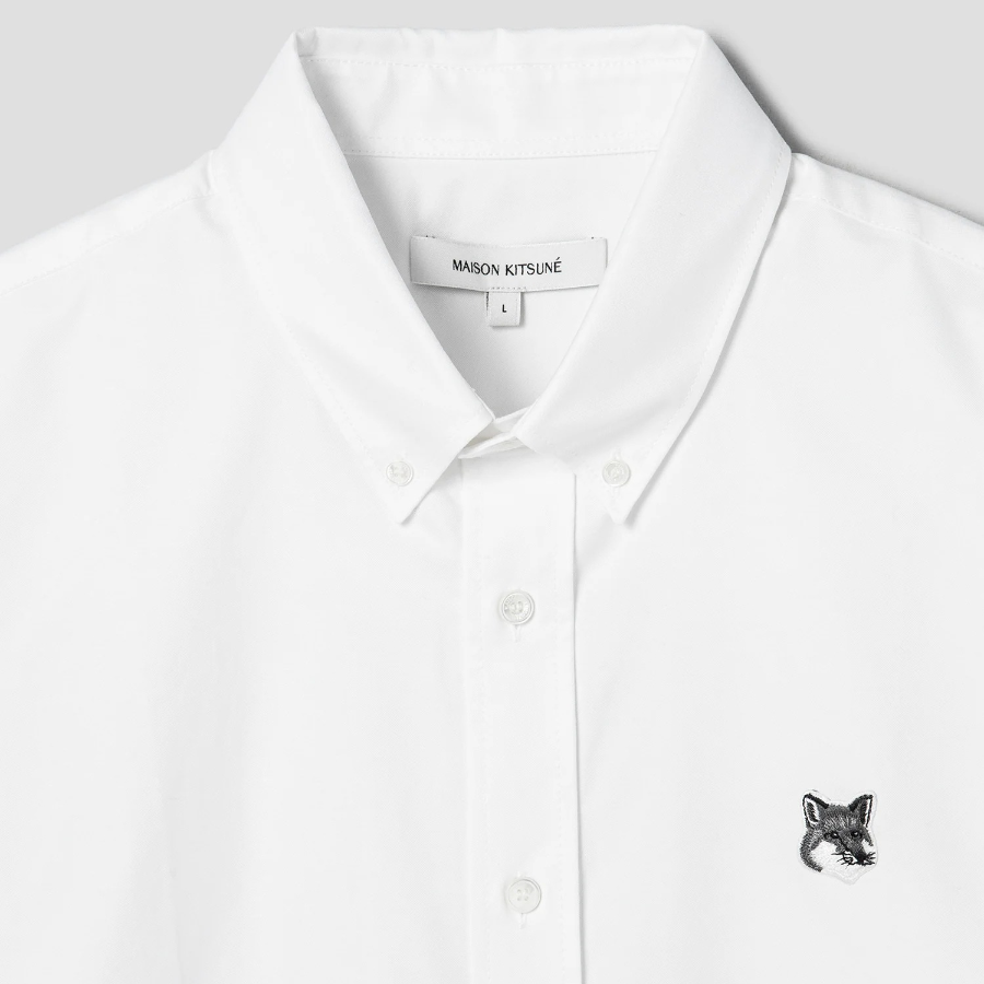 Maison Kitsune Men Button Down Casual Shirt With Grey Fox Head Patch In Oxford - White