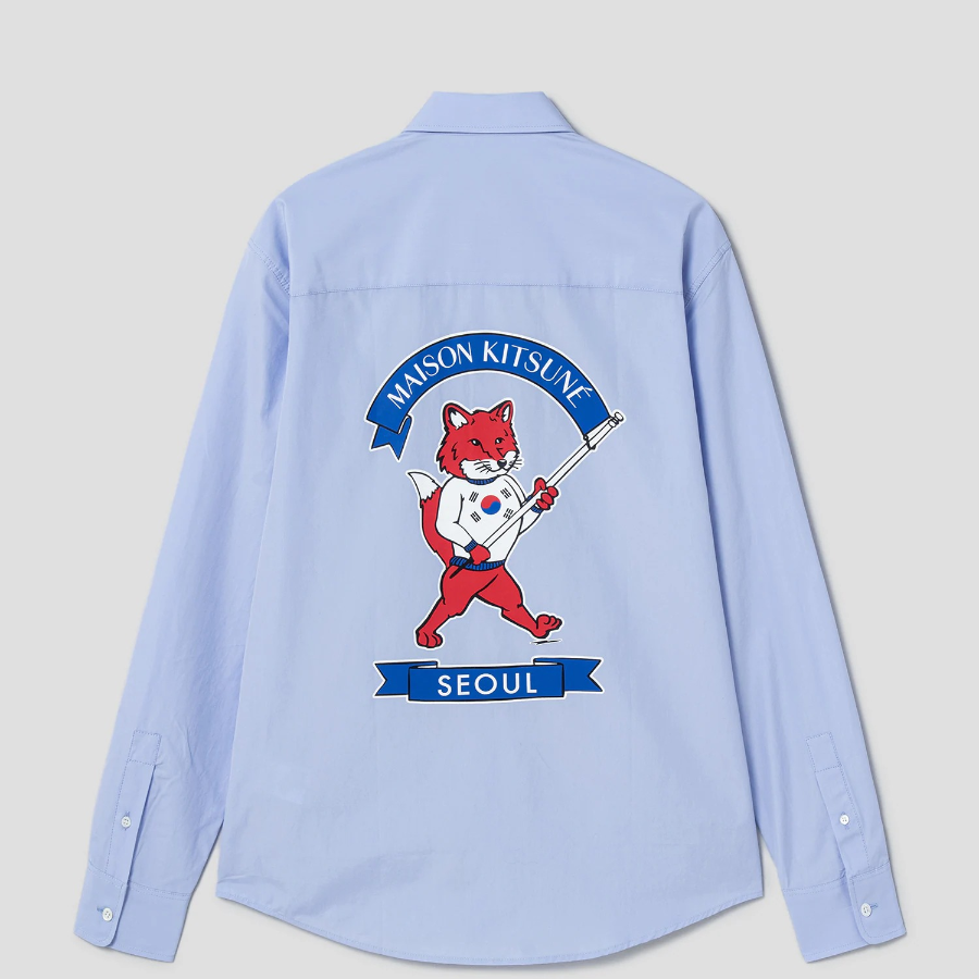 Maison Kitsune Unisex Korean Fox Printed Casual Shirt - Light Blue
