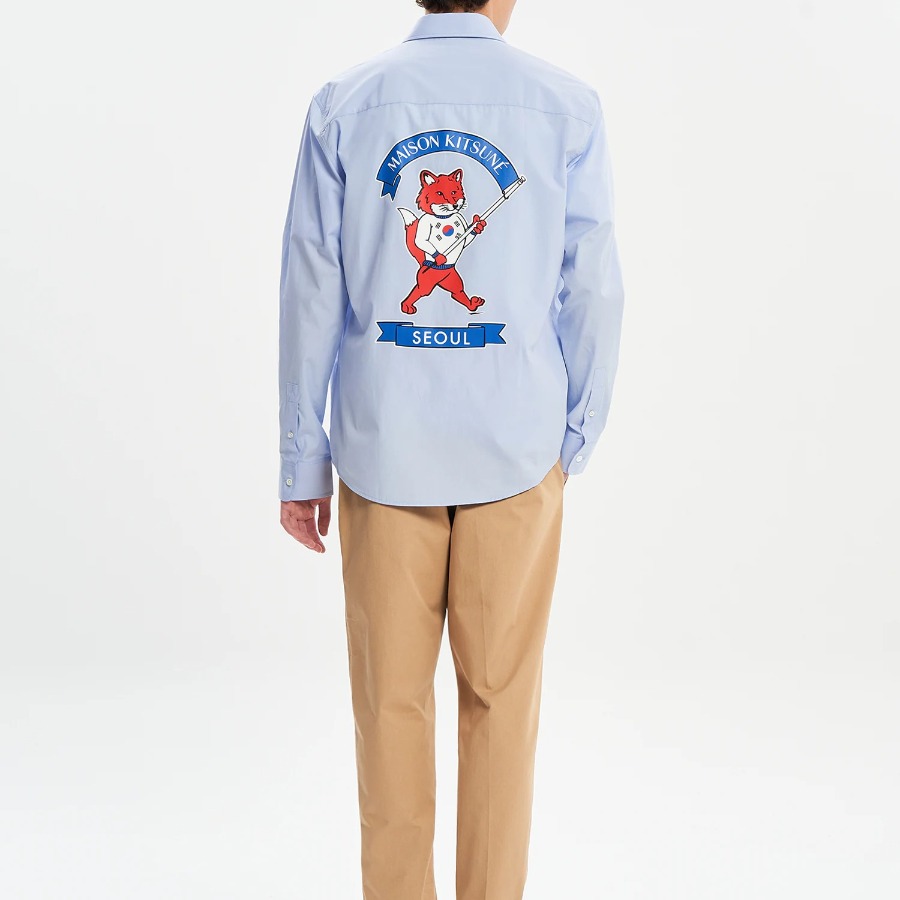 Maison Kitsune Unisex Korean Fox Printed Casual Shirt - Light Blue