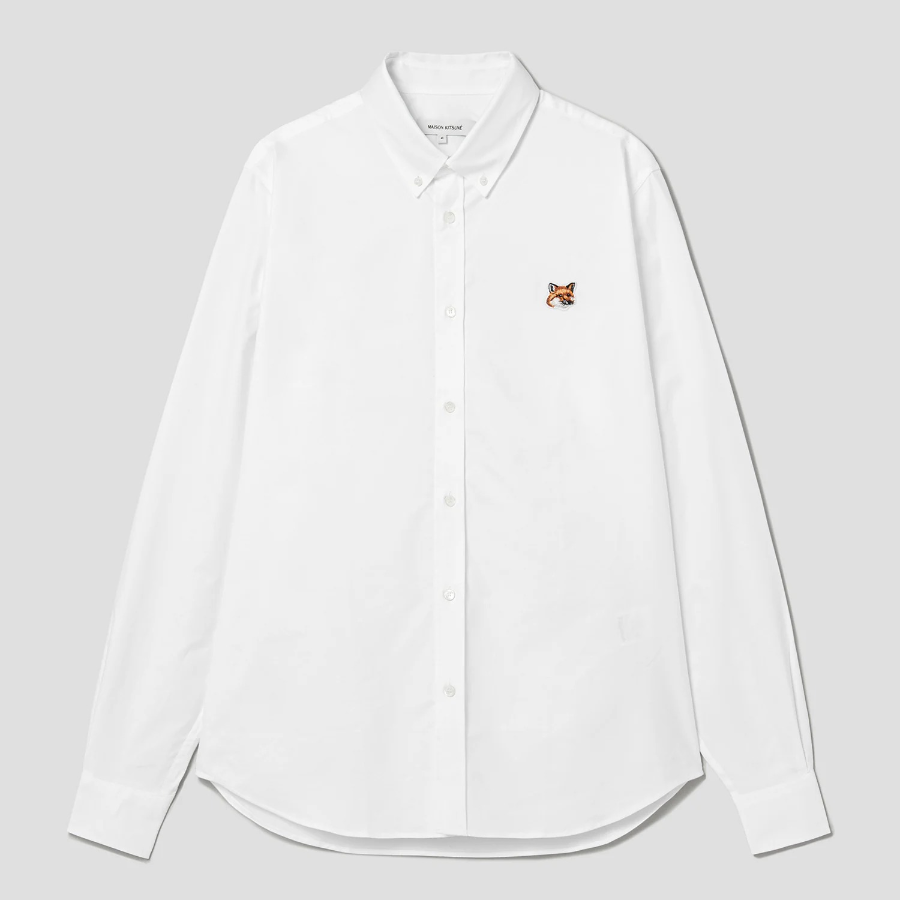 Maison Kitsune Men Button Down Classic Shirt With Institutional Fox Head Patch In Oxford - White