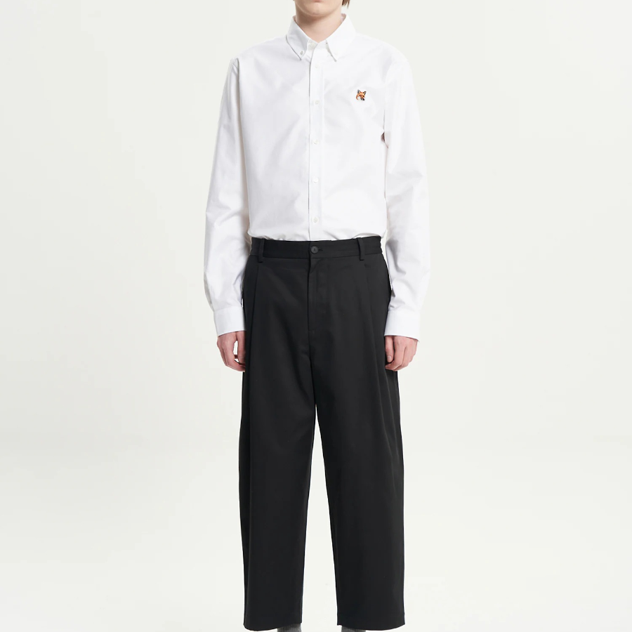 Maison Kitsune Men Button Down Classic Shirt With Institutional Fox Head Patch In Oxford - White