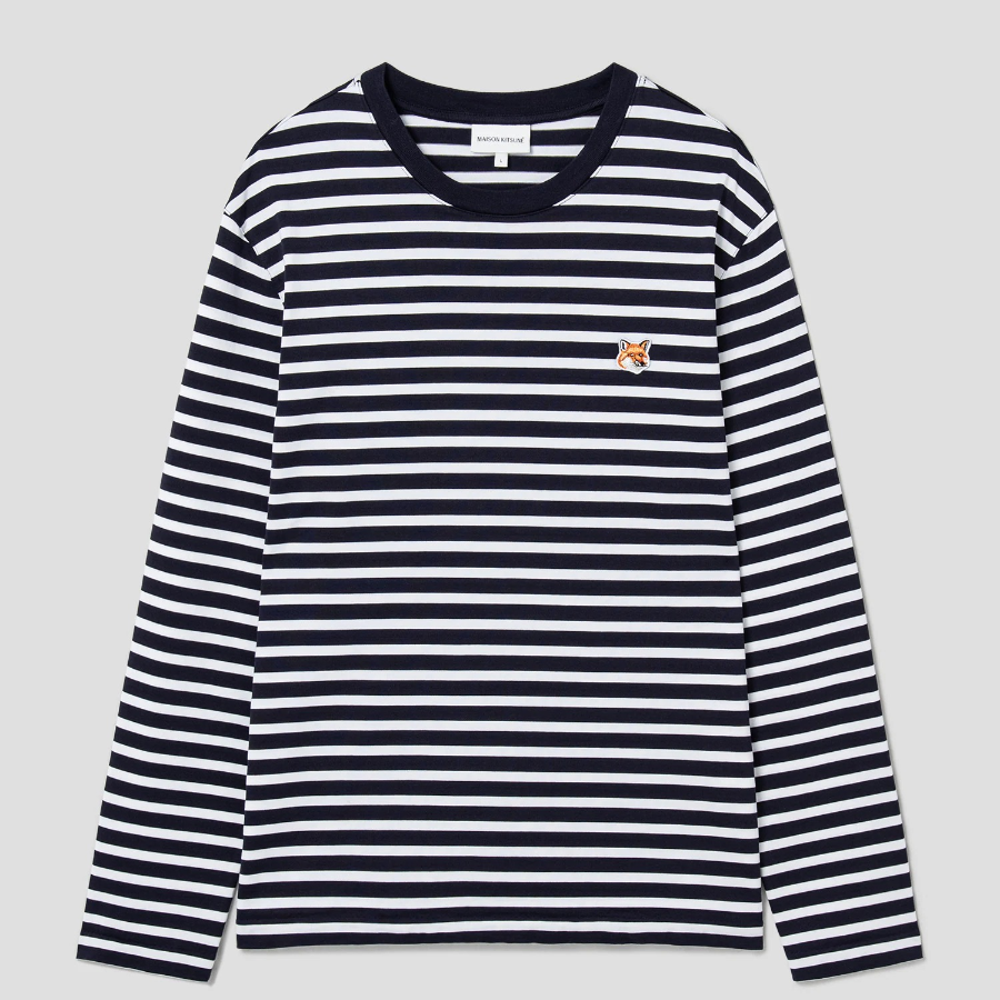 Maison Kitsune Unisex Fox Head Patch Regular Marin Tee Shirt - Navy Stripes