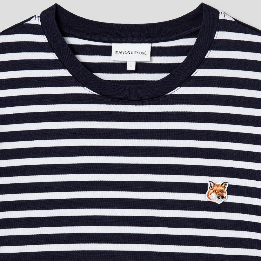 Maison Kitsune Unisex Fox Head Patch Regular Marin Tee Shirt - Navy Stripes
