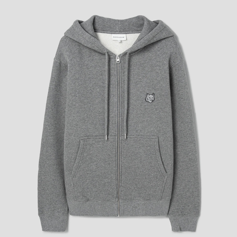 Maison Kitsune Men Tonal Fox Head Patch Comfort Zipped Hoodie - Medium Grey Melange