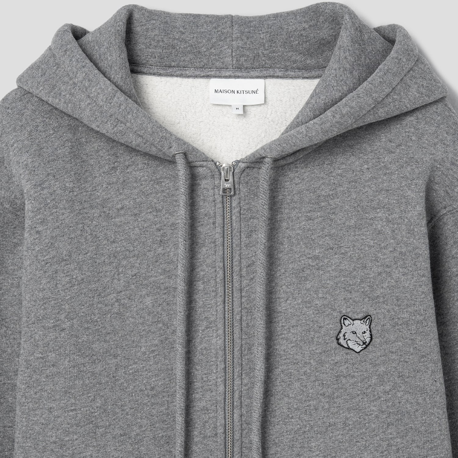 Maison Kitsune Men Tonal Fox Head Patch Comfort Zipped Hoodie - Medium Grey Melange