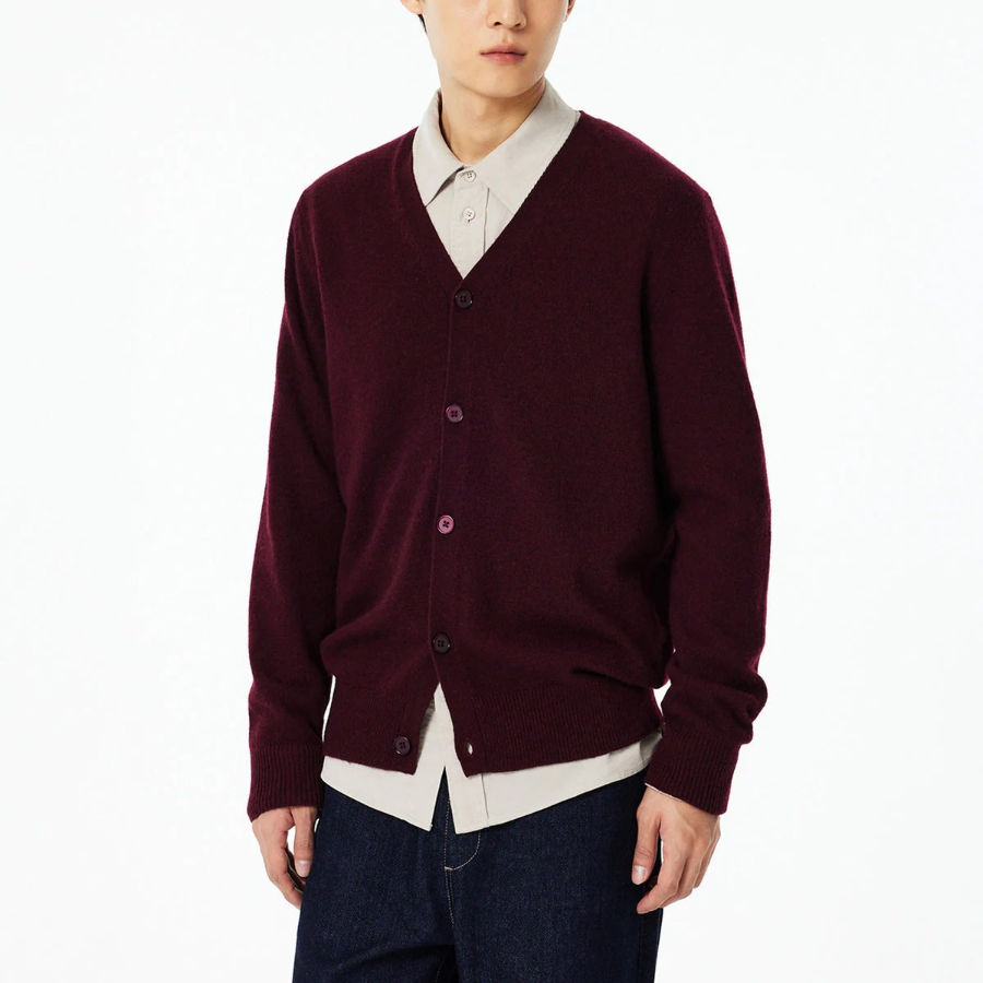 JAJU Merino Wool V-Neck Knit Cardigan – Burgundy