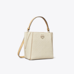 TORY BURCH McGraw T Monogram Leather Small Bucket Bag – White