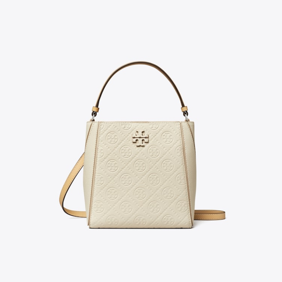 TORY BURCH McGraw T Monogram Leather Small Bucket Bag – White