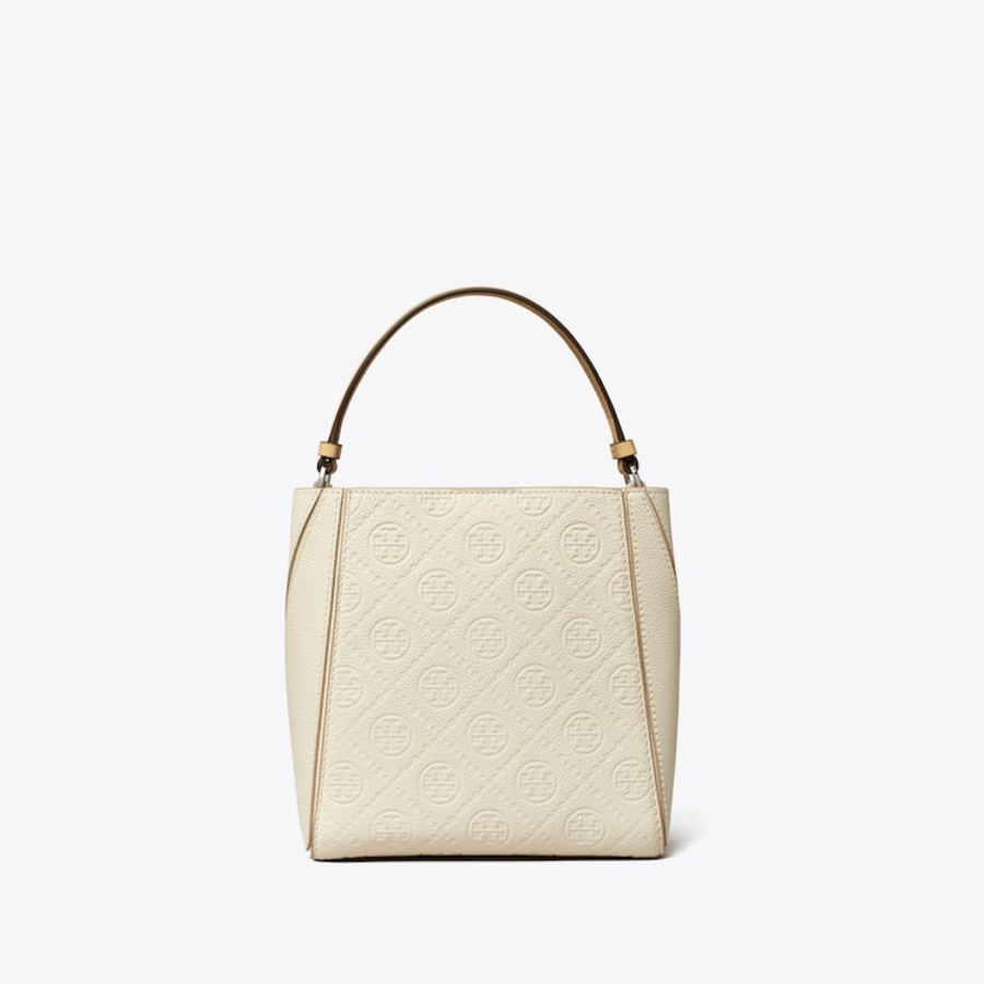 TORY BURCH McGraw T Monogram Leather Small Bucket Bag – White