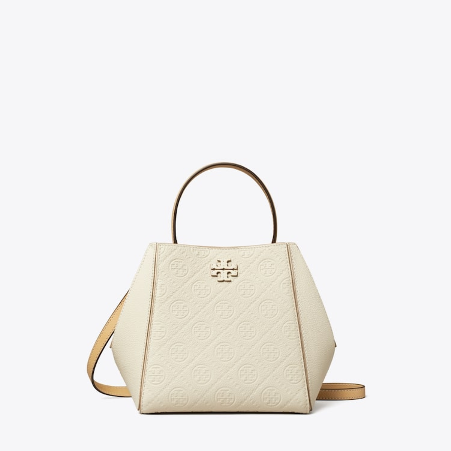 TORY BURCH McGraw T Monogram Leather Small Bucket Bag – White