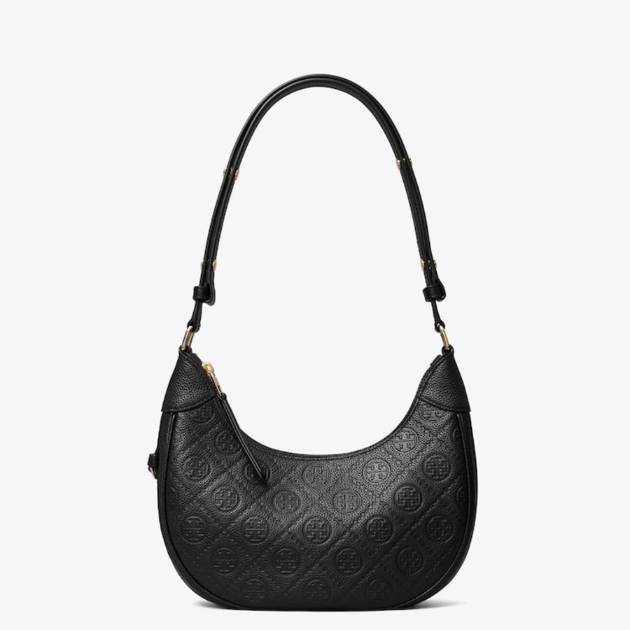 TORY BURCH T Monogram Pebble Crescent Bag – Black