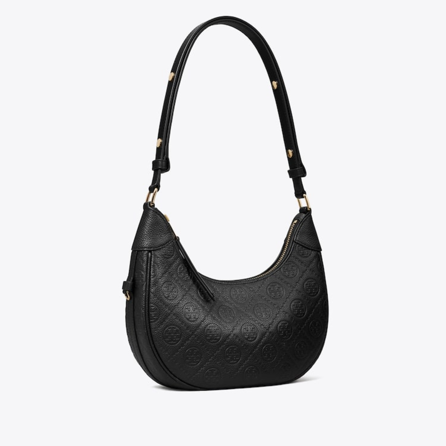 TORY BURCH T Monogram Pebble Crescent Bag – Black