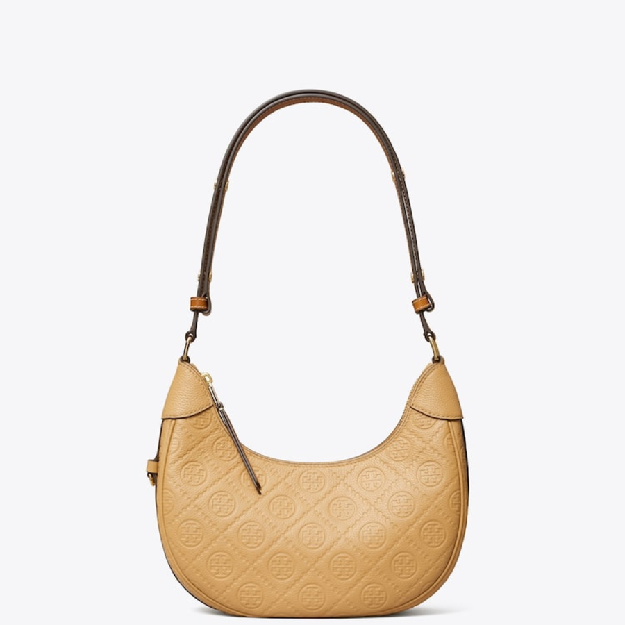TORY BURCH T Monogram Pebble Crescent Bag – Cream