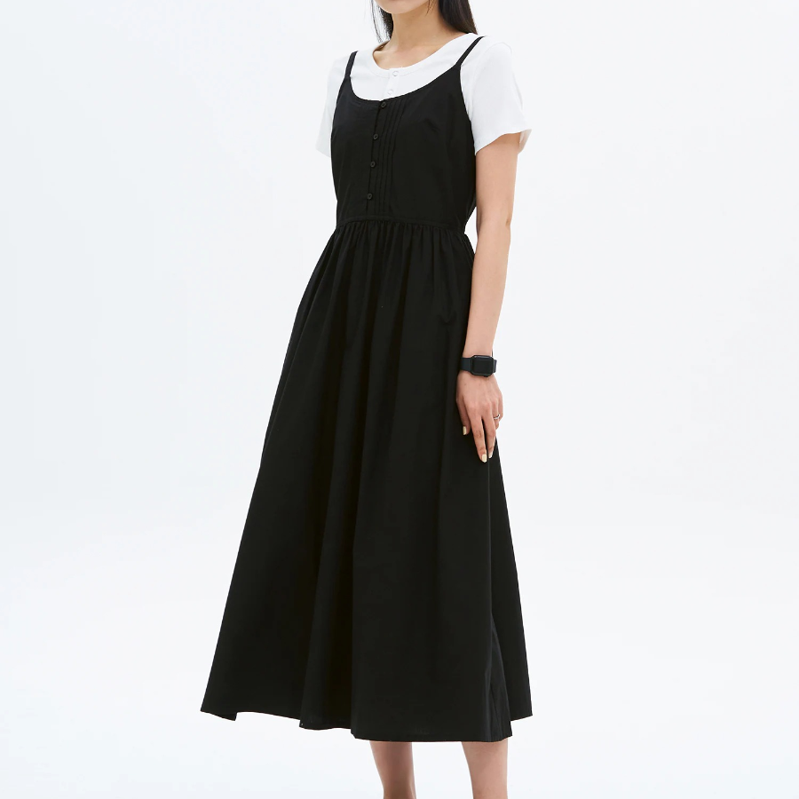 8 seconds 50s Cotton Layered Long Dress — Black