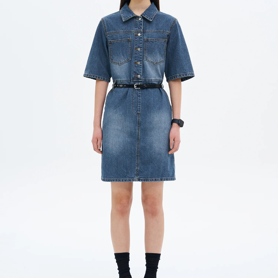 8 seconds Shirt Style Short Sleeve Denim Dress — Blue
