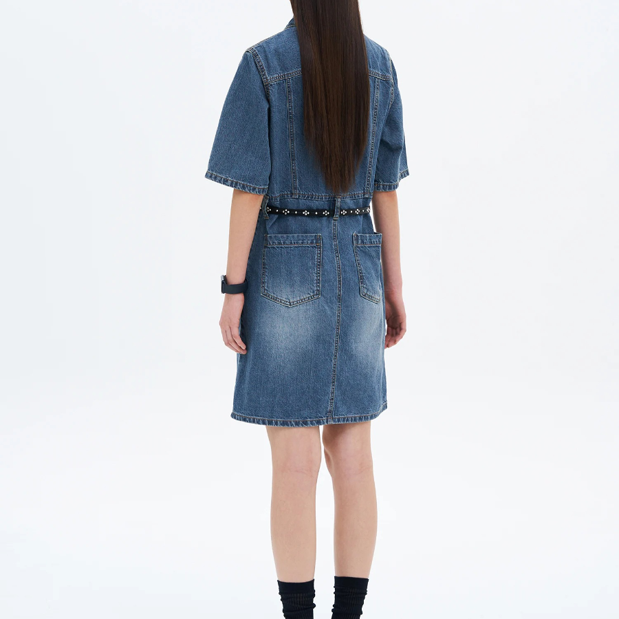 8 seconds Shirt Style Short Sleeve Denim Dress — Blue