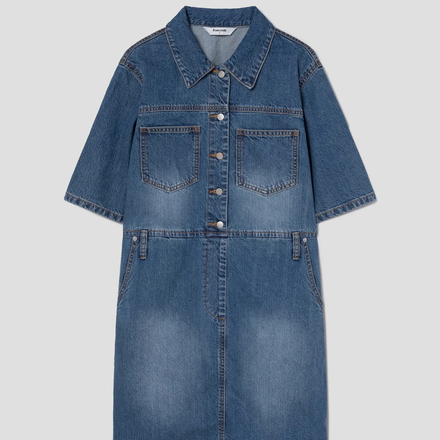 8 seconds Shirt Style Short Sleeve Denim Dress — Blue