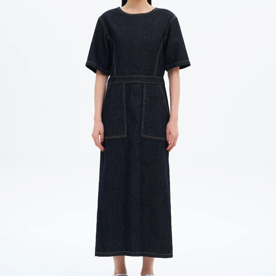 8 seconds Short Sleeve Denim Long Dress — Navy