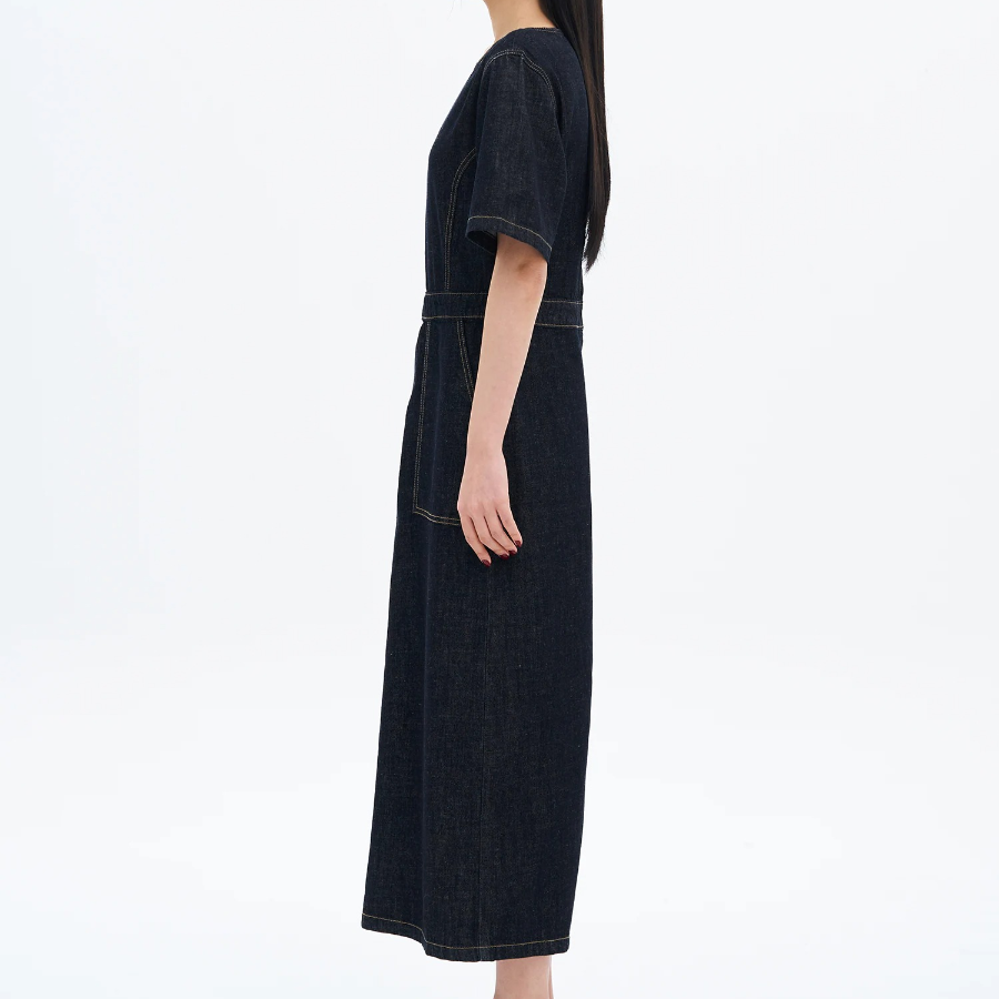 8 seconds Short Sleeve Denim Long Dress — Navy