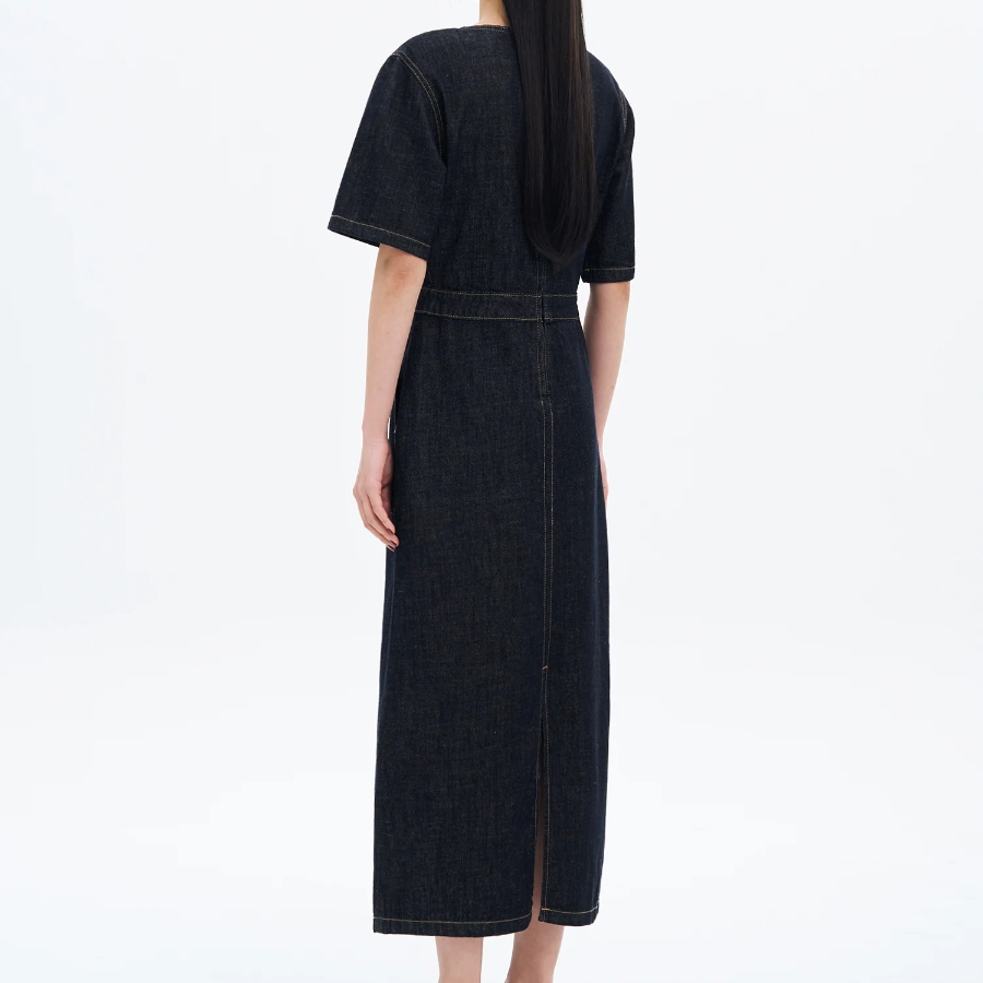 8 seconds Short Sleeve Denim Long Dress — Navy