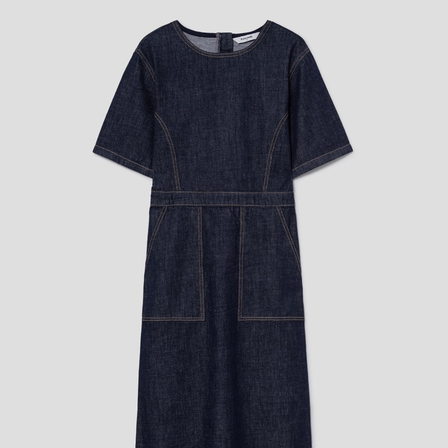 8 seconds Short Sleeve Denim Long Dress — Navy