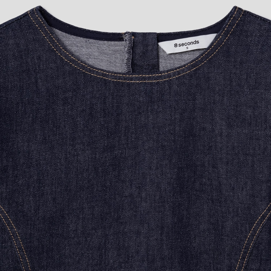 8 seconds Short Sleeve Denim Long Dress — Navy