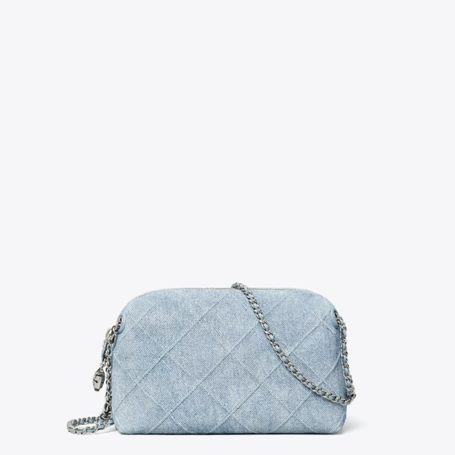 TORY BURCH Fleming Denim-Print Suede Soft Crossbody Bag – Denim