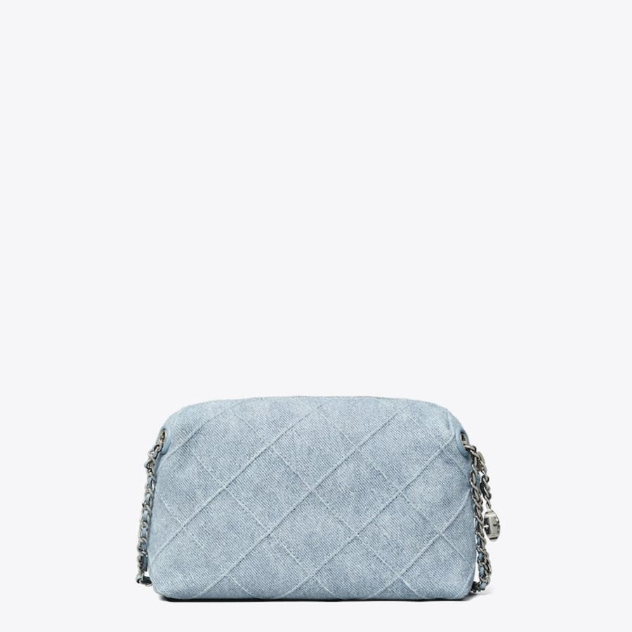 TORY BURCH Fleming Denim-Print Suede Soft Crossbody Bag – Denim