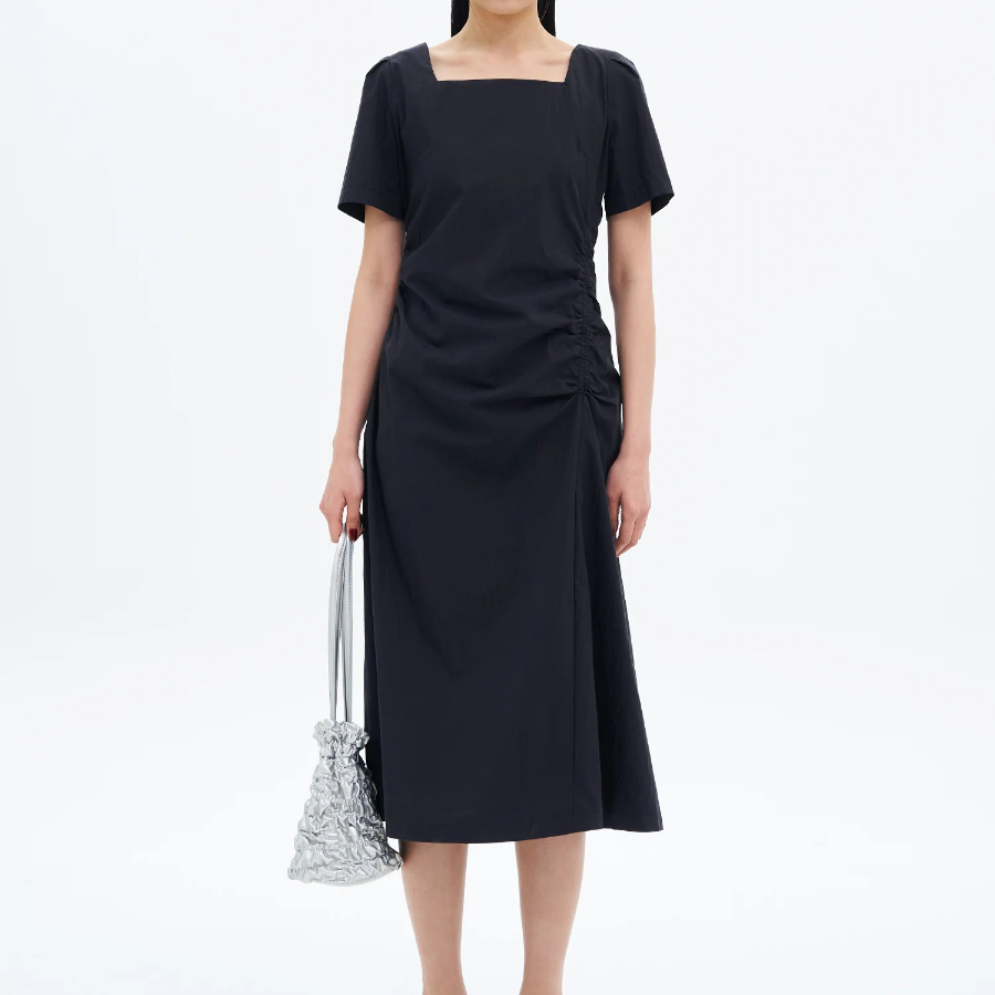 8 seconds Side Shirring Short Sleeve Midi Dress — Navy