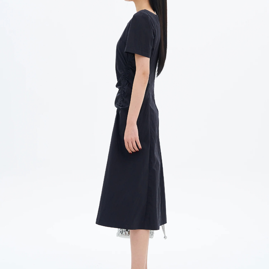 8 seconds Side Shirring Short Sleeve Midi Dress — Navy