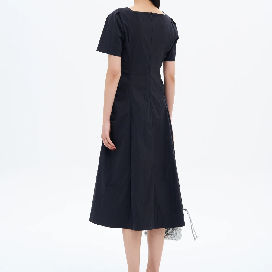 8 seconds Side Shirring Short Sleeve Midi Dress — Navy