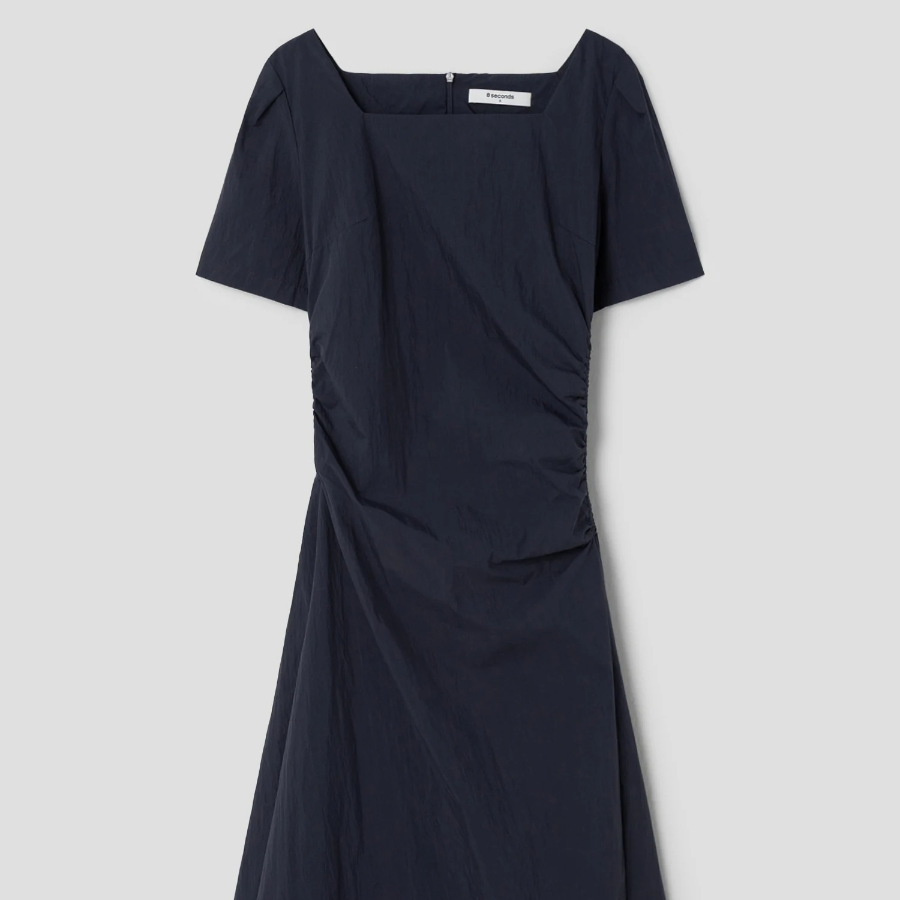 8 seconds Side Shirring Short Sleeve Midi Dress — Navy